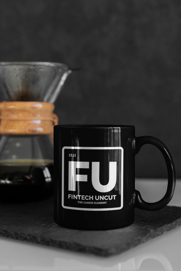 Black coffee cup with official Fintech Uncut logo