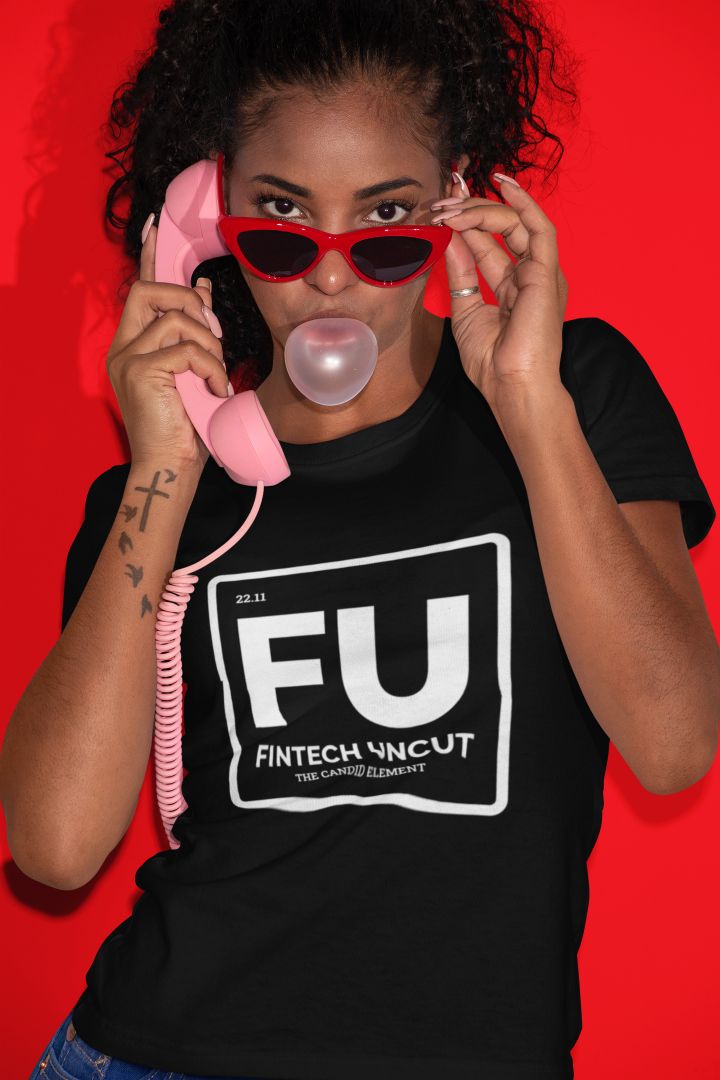 Young woman wearing black official Fintech Uncut logo tshirt